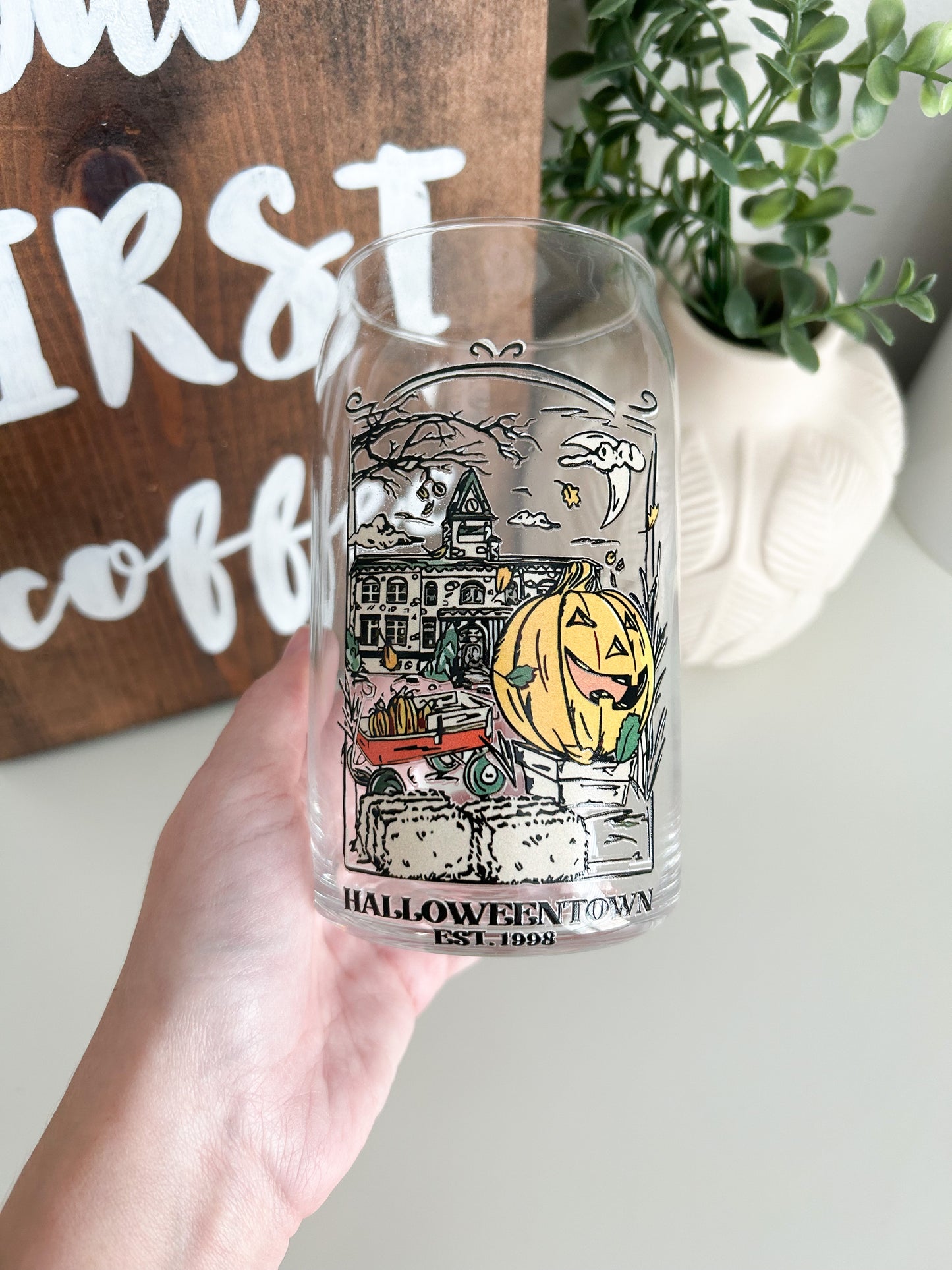 Halloweentown Iced Coffee Glass, Halloweentown Glass Tumbler, DTF Beer Can Glass, Halloweentown est 1998, Vintage Halloween Glass