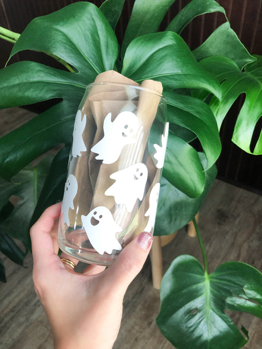 Ghost Beer Can Coffee Glass, Cute Ghost Glass, Beer Can Glass, Iced Coffee Glass, Aesthetic Glass, Fall Glass, Halloween Cup, Spooky Season