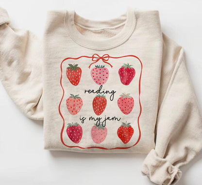 Reading is my Jam Shirt, Strawberry Shirt, Reader Shirt, Bookworm Gift, Varsity Bookworm Shirt
