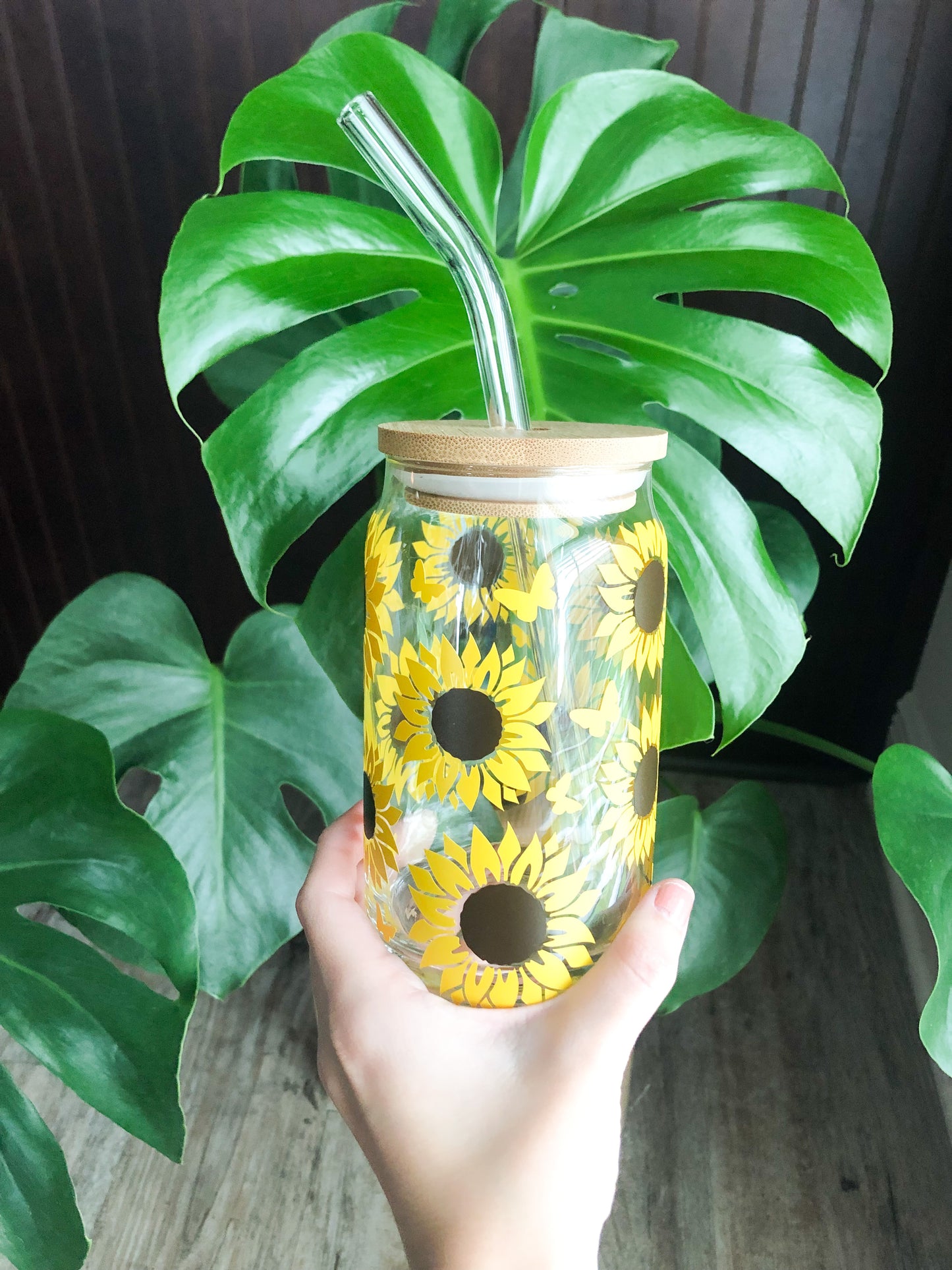 Sunflower Coffee Glass, Sunflower Beer Can Glass, Libbey Can Glass, Iced Coffee Glass, Aesthetic Glass, Butterfly Can Cup, Flower Glass