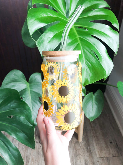 Sunflower Coffee Glass, Sunflower Beer Can Glass, Libbey Can Glass, Iced Coffee Glass, Aesthetic Glass, Butterfly Can Cup, Flower Glass