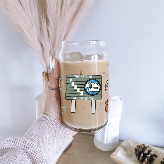 Forks WA Iced Coffee Glass, Booktok Glass, Iced Coffee Glass, Bookworm Gifts, Vampire Coffee Glass, Bookworm Cup, Bookish Glass