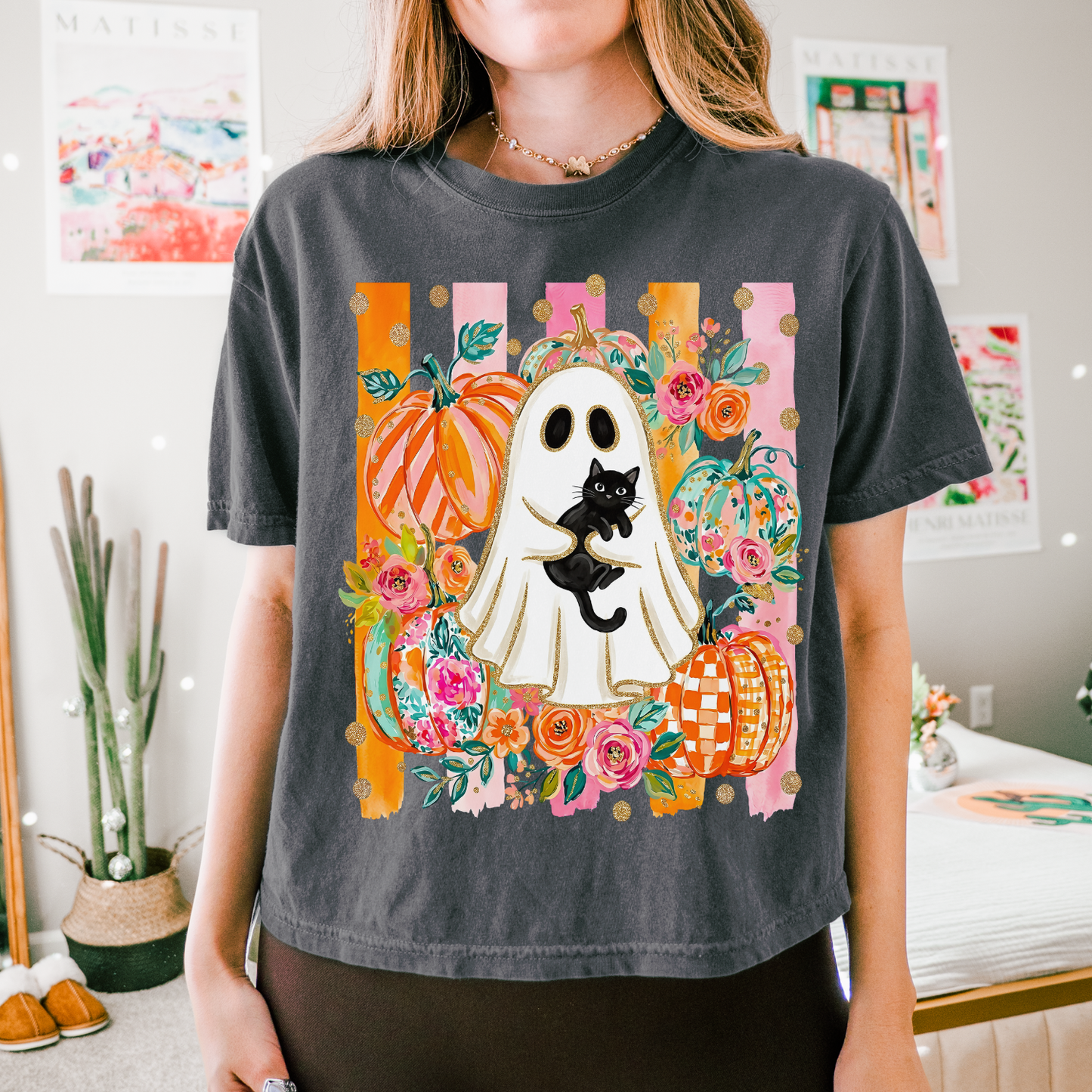 Ghost With Cat Stripe Shirt, Halloween Shirt, Trendy Halloween