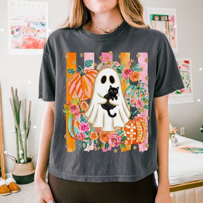 Ghost With Cat Stripe Shirt, Halloween Shirt, Trendy Halloween