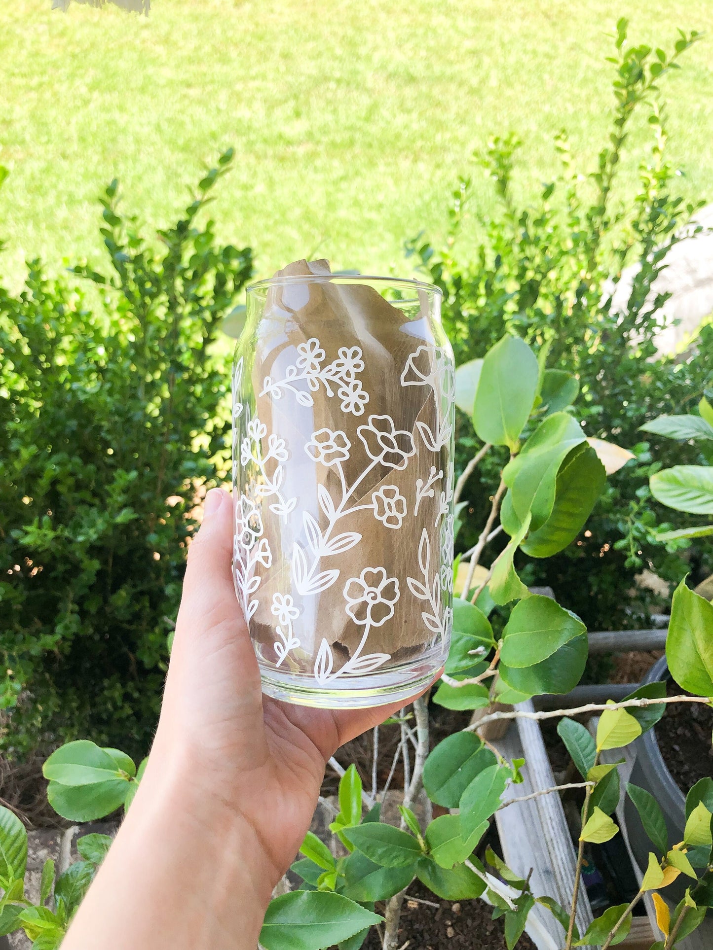 Wild Flower Coffee Glass, Floral Cup, Beer Can Glass, Iced Coffee Glass, Aesthetic Glass, Line Flower Glass, Libbey Glass
