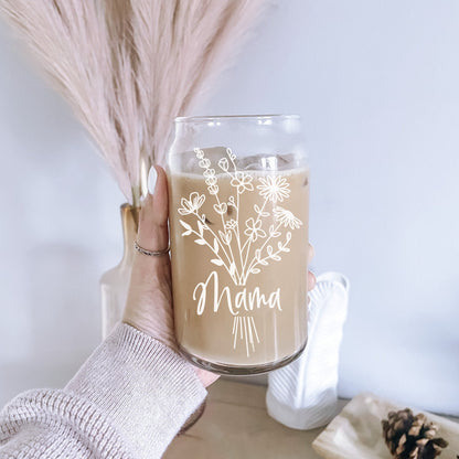 Mama Flower Glass Cup, Mom Bouquet Glass, Gifts for Mom, Iced Coffee Glass, 16 oz Beer Can Glass, Mother's Day Gifts, Mama Floral Cup