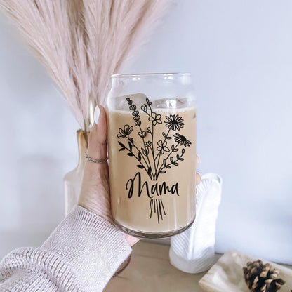 Mama Flower Glass Cup, Mom Bouquet Glass, Gifts for Mom, Iced Coffee Glass, 16 oz Beer Can Glass, Mother's Day Gifts, Mama Floral Cup